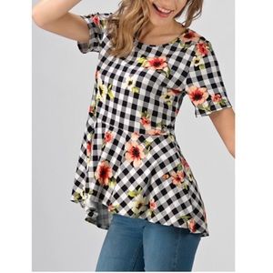 Gingham and Floral Peplum Top